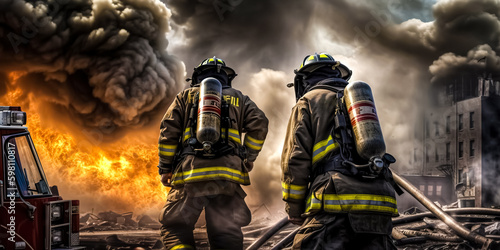 Group of firefighters fighting a fire, They are in the midst of fire and smoke. under danger situation all firemen wearing fire fighter suit for safety. digital ai art