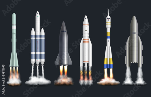 Rocket launch template. Smoke fire and flame spaceship startup decent vector realistic set