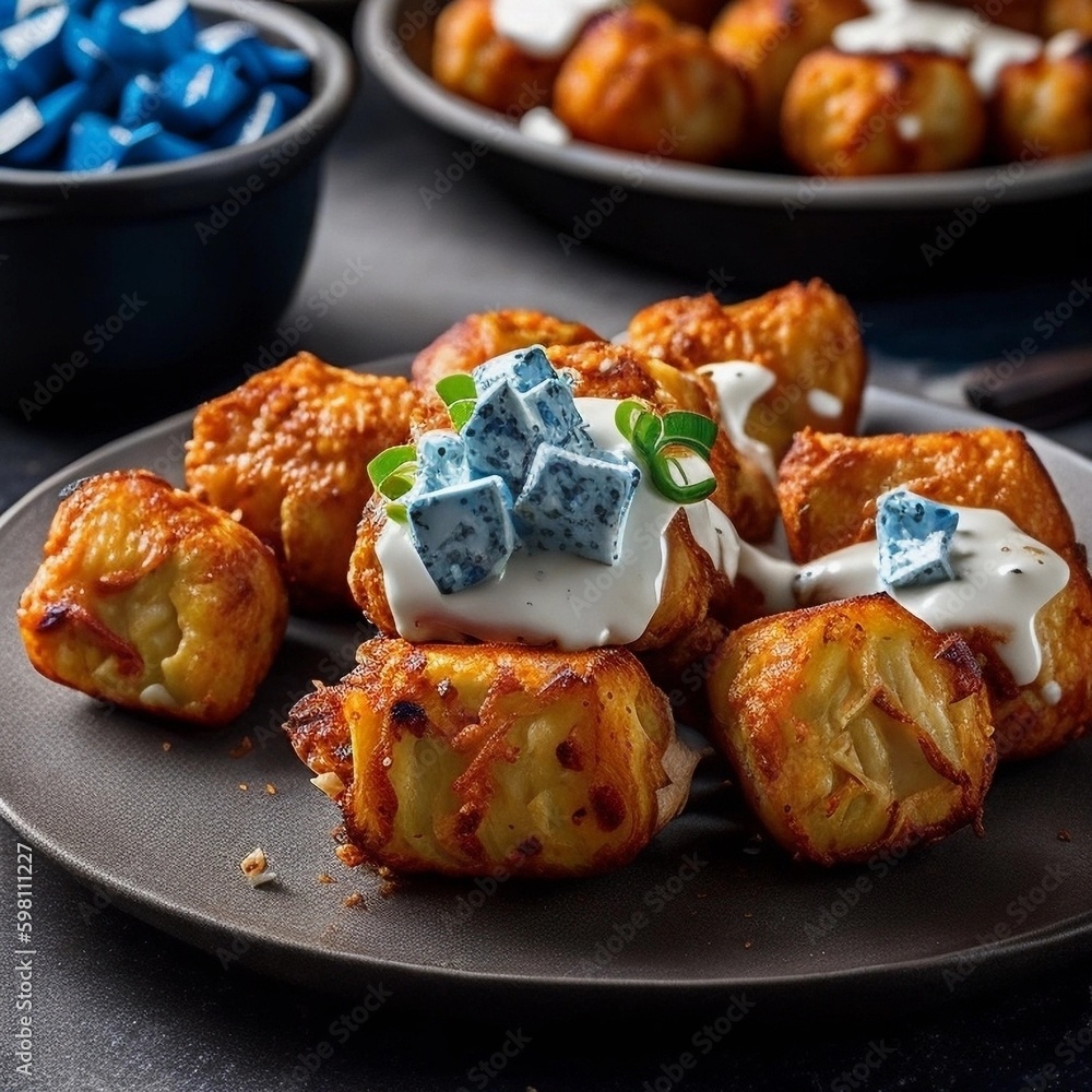 Slow Cooker Korean Pulled Pork Tater Tot Hotdish with Blue Cheese Crumbles Made with Generative AI Technology