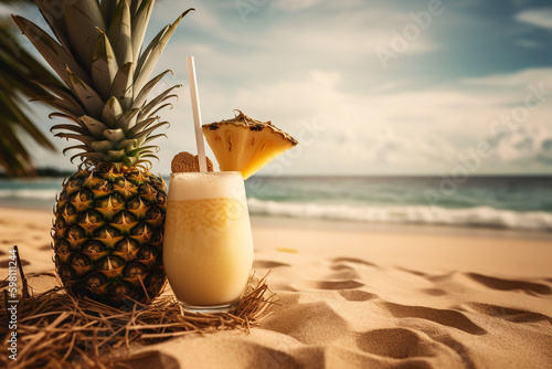 Fruity pineapple cocktail on the sandy beach, tropical vacation concept, generative ai. High quality photo Generative AI