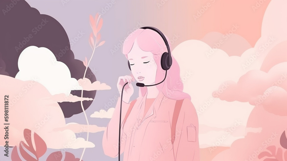 Call Center Customer Service Phone Operator on Feminine Boho Pastel Background - Generative AI Call Center Customer Service Phone Operator on Feminine Boho Pastel Background - Generative AI