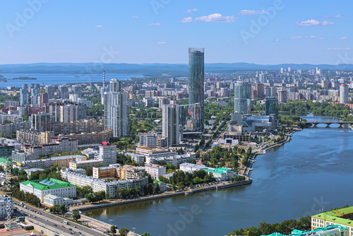 Yekaterinburg, Russia. Yekaterinburg-City district at the shore of the city pond, and north-west side of the city. View from observation deck at 186m above the ground.