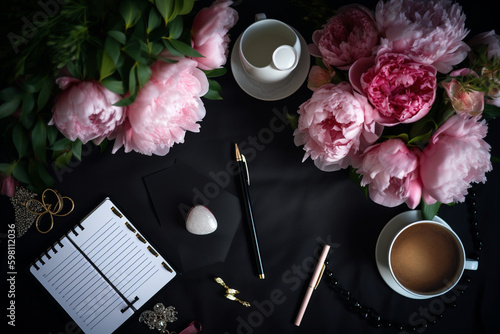 Planning the day. Planner,coffee and pink flowers on the dark bacground. Flat lay. Generative ai. High quality photo Generative AI photo