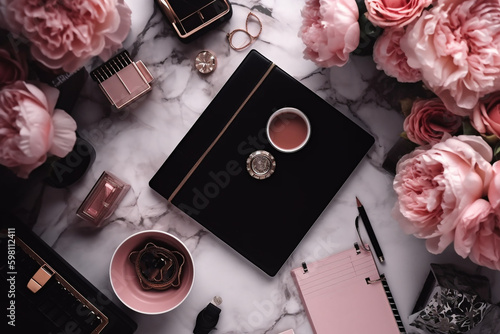 Black notebook and pink flowers on the granite table. planning the day concept. Generative ai.  Generative AI