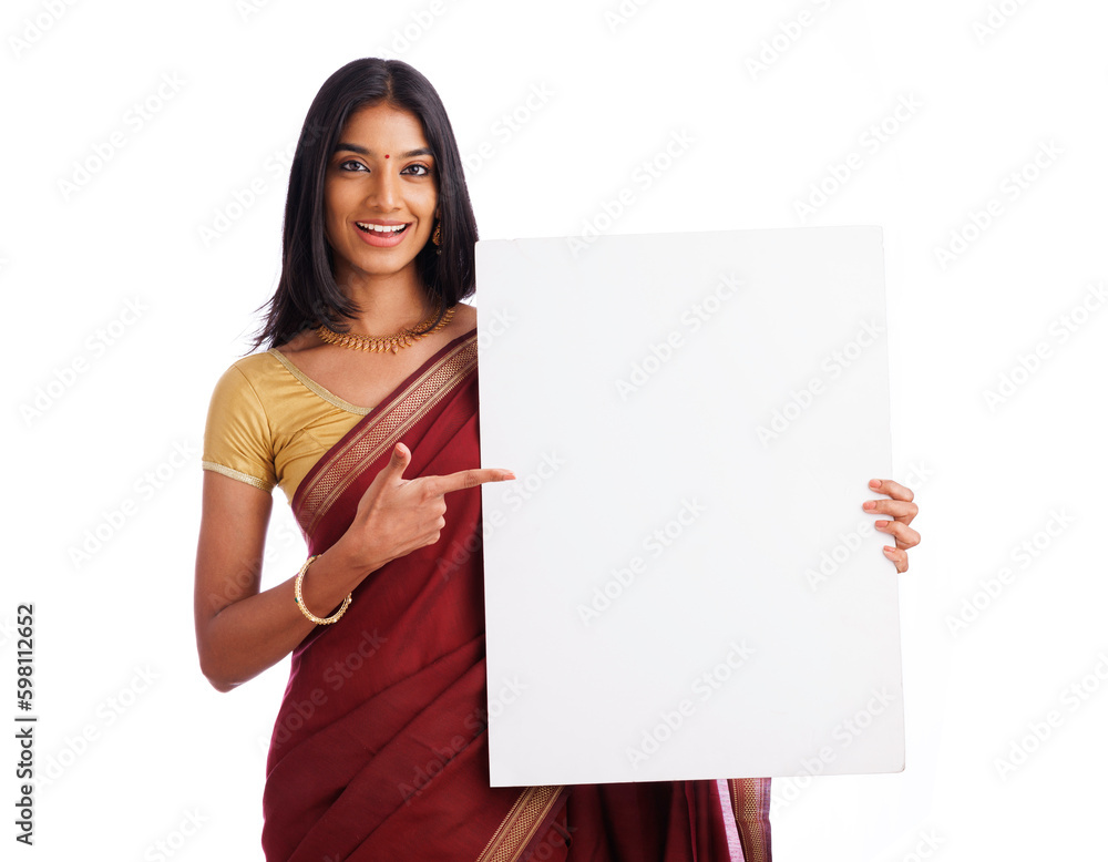 Cheerful Indian woman in traditional saree holding and pointing sign board isolated on white. advertisement concept. Cheerful Indian woman in traditional saree holding and pointing sign board isolated on white. advertisement concept.