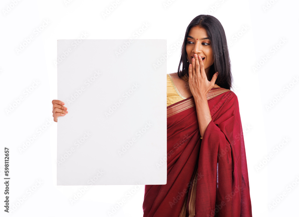Exited pretty Indian young woman in saree holding sign board isolated on white. Exited pretty Indian young woman in saree holding sign board isolated on white.