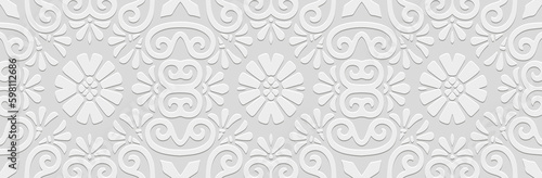 Banner, luxury cover design. Embossed ethnic 3D tribal boho pattern, handmade, ornaments. Geometric white background. Oriental, Indonesian, Mexican, Aztec art. Vintage decor.