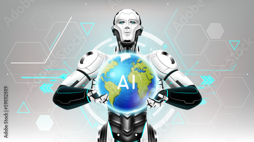 AI Artificial intelligence humanoid holding planet Earth on hand, Artificial Intelligence world technology disruption concept, vector illustration