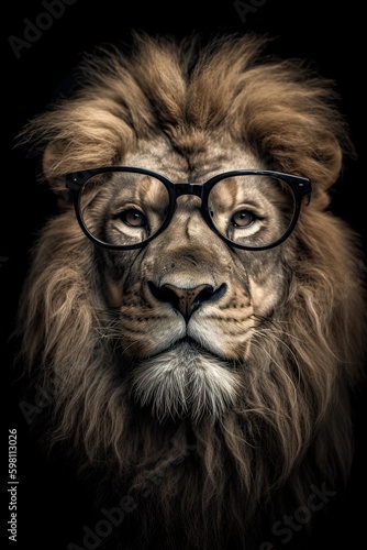 Don't Mess With This Lion: Boldly Adorned Glasses on a Striking Animal Portrait, Generative AI