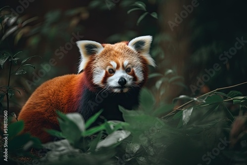 Majestic Red Panda: Endangered Mammal of the Chinese Forest Awakens in its Natural Abode, Generative AI
