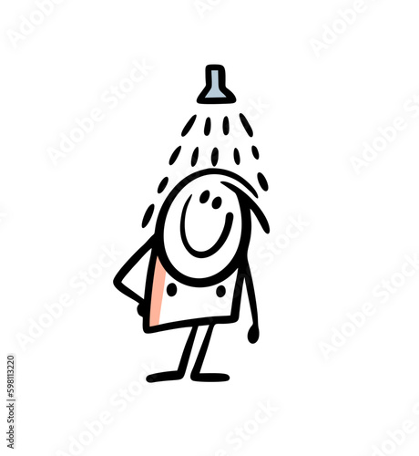 Cartoon stickman washes in the shower, drops of water flow down the body.