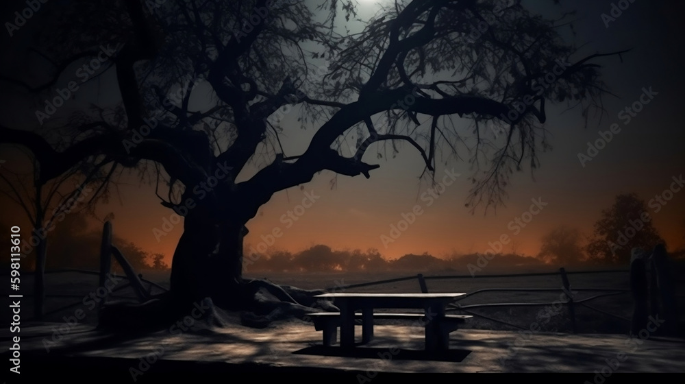 Old wood table and silhouette dead tree at night for Halloween background Old wood table and silhouette dead tree at night for Halloween background