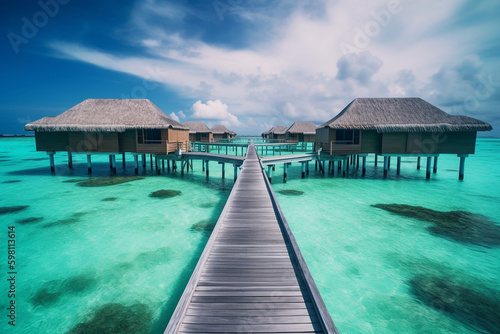 luxury water villas resort and wooden pier. Beautiful sky and ocean lagoon beach background. Summer vacation holiday and travel concept. Paradise vacation. Generative ai. High quality Generative AI © Starmarpro