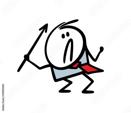 Angry businessman swings and throws a sharp spear at his financial opponent.