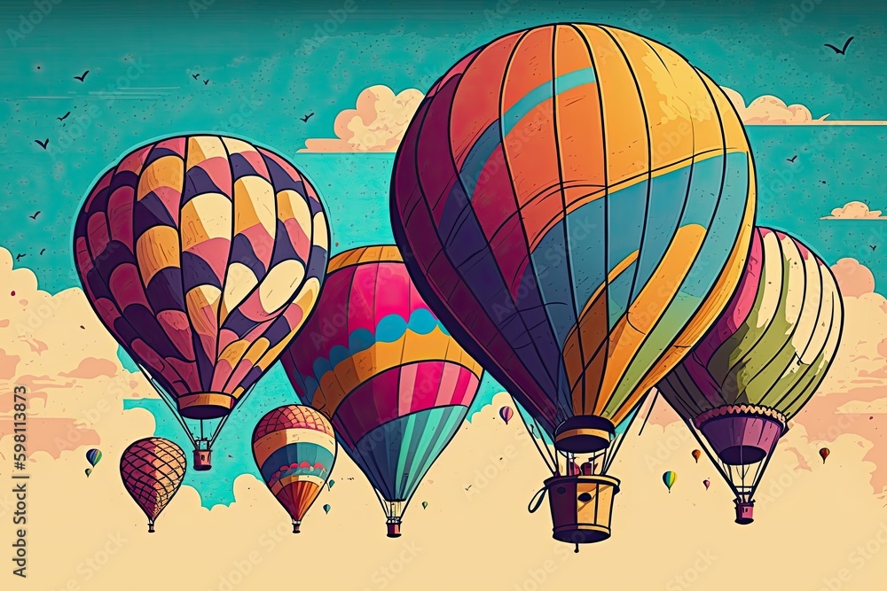 Fototapeta premium Multicolored flying balloons aerostats flying high up in the sky. Sense of freedom, adventure, excitement, and joy. Generative ai