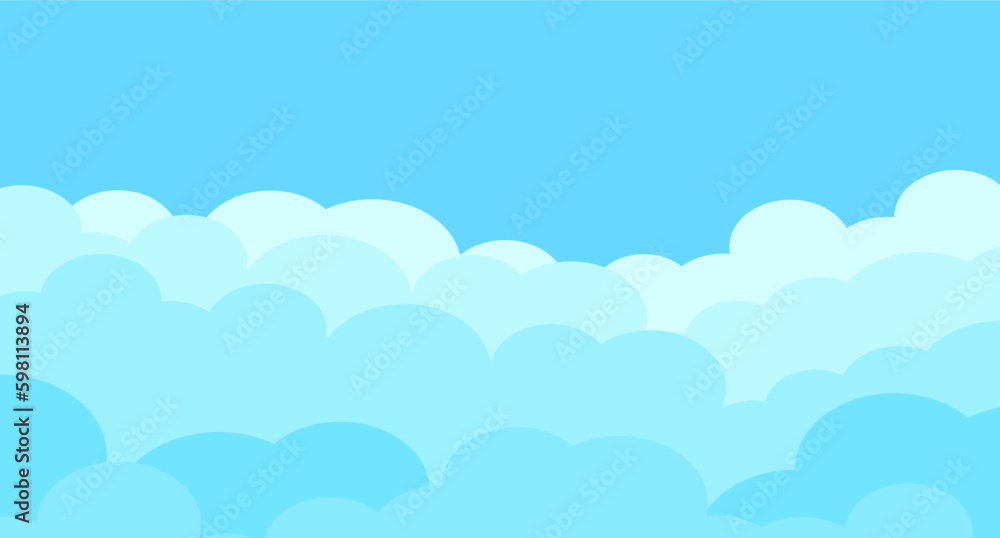 Cartoon sky and clouds isolated on blue background. Sky clouds for background template, flyer, wallpaper, banner, poster and fluffy sky design. Flat clouds concept. 3D web clouds, vector illustration