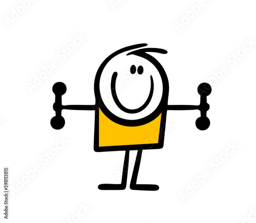 A little boy does morning exercises and holds heavy dumbbells in outstretched hands.