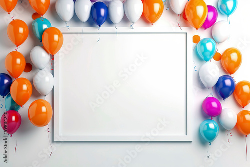 Frame of colorful balloons for party with blank white copy space for text.