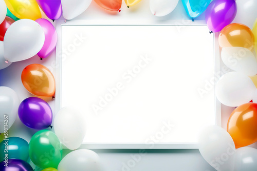 Frame of colorful balloons for party with blank white copy space for text.