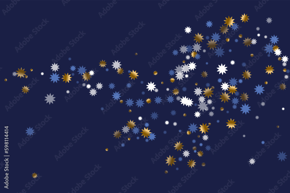 Festive Christmas star holiday ornament graphic design. Gold blue white twinkle confetti.