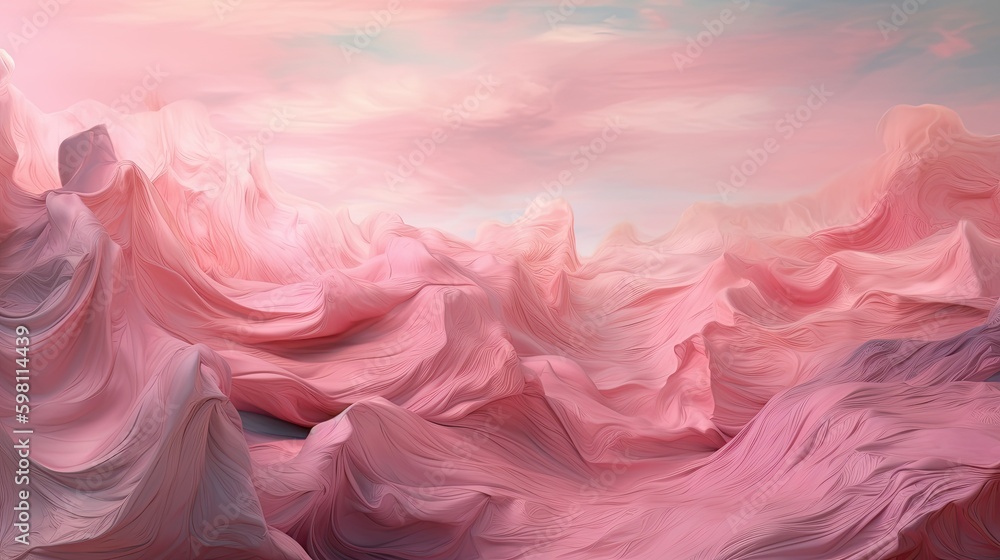 A Gorgeous Epic Fantasy: Panoramic Dreamy Sky in Wind-Fluttering Pink Silk, an Illustration in Renaissance Oil Paint. Generative AI