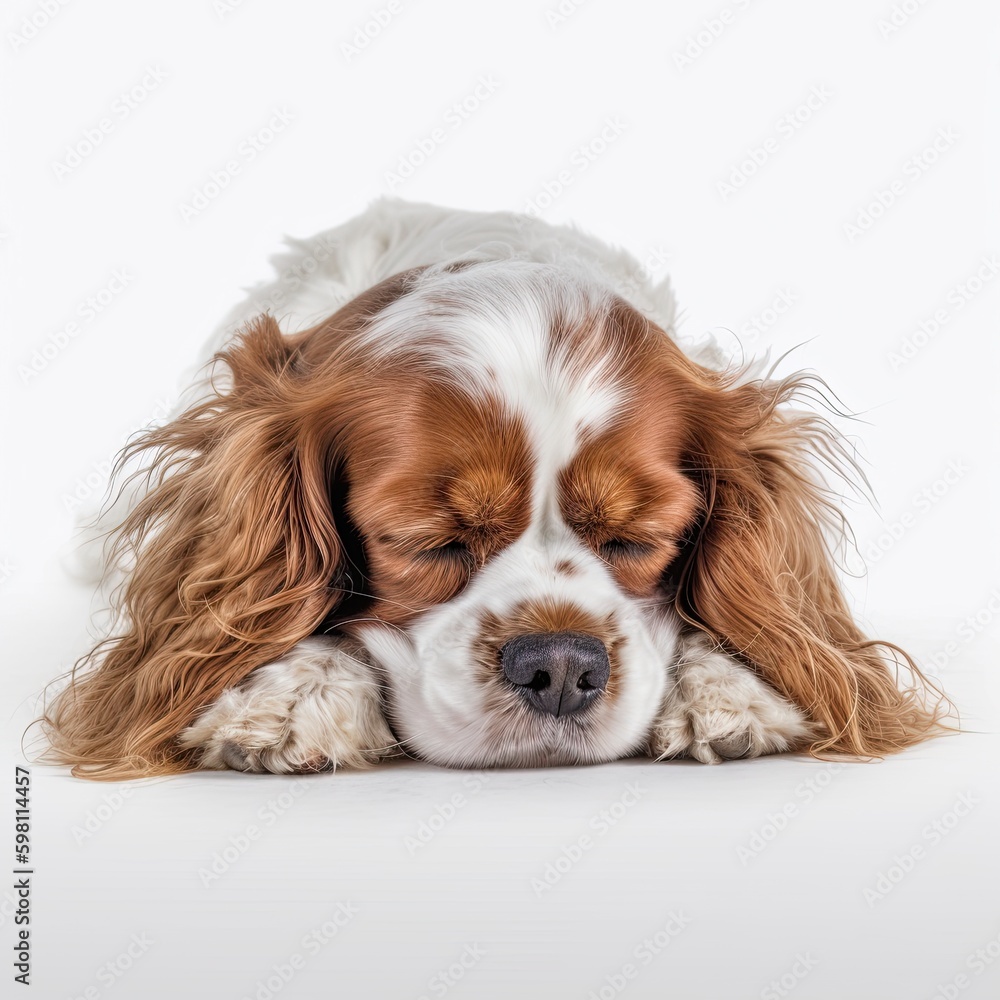 Cute Puppy: White Cavalier King Charles Spaniel Isolated on an Invisible Background. Generative AI