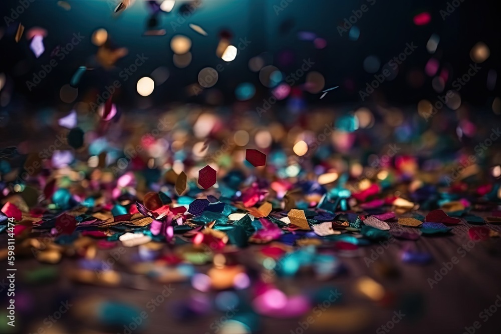 Come and Celebrate! Colorful Confetti and Shiny Bokeh Light Decoration in the Background. Generative AI