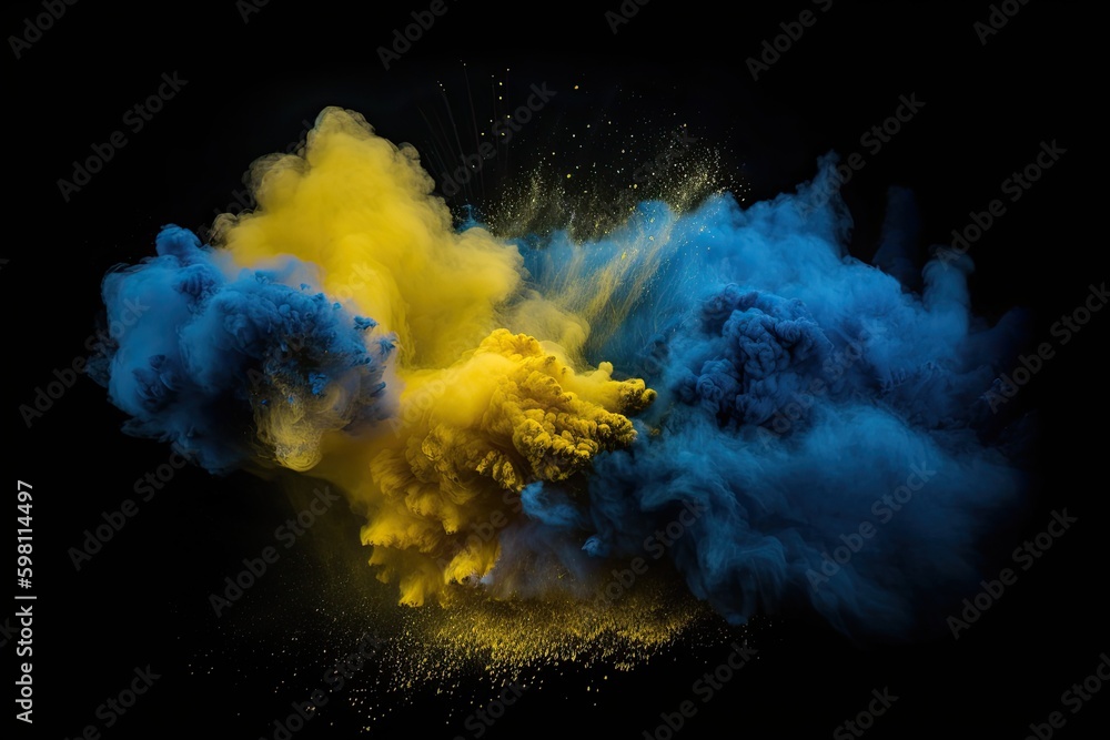 Peaceful Unity: Blue and Yellow Powder Explosion Symbolizing Ukrainian Flag, Generative AI