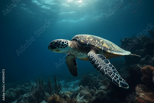 Hawksbill sea turtle swimming above the coral reef. generative ai. High quality photo Generative AI © Starmarpro