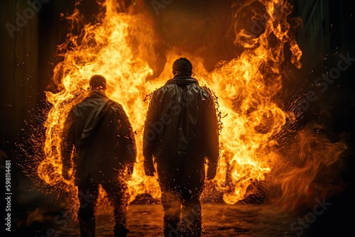 Fiery Bane in the Night: Men Burning Balefire in Fahrenheit 451 Style, Generative AI