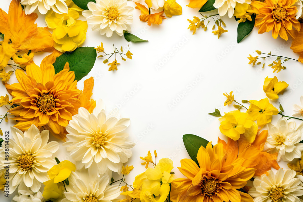 Frame of bright and warm yellow summer flowers with blank white copy space for text. Frame of bright and warm yellow summer flowers with blank white copy space for text.