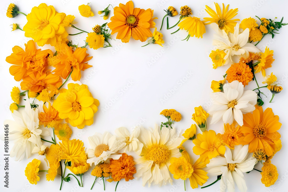Frame of bright and warm yellow summer flowers with blank white copy space for text. Frame of bright and warm yellow summer flowers with blank white copy space for text.