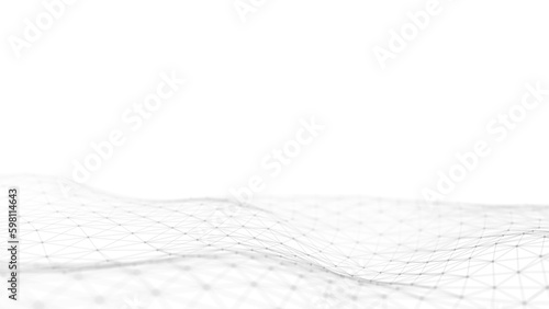 Wave with motion dots and lines. Abstract digital background. Concept connection big data. Futuristic technology backdrop. 3D rendering.