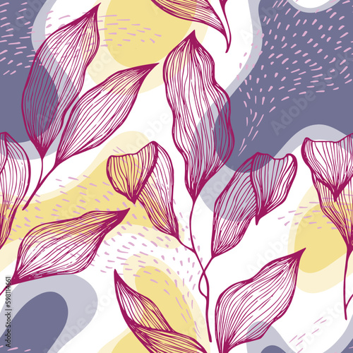Sketch style doodle line texture leaves over stains and dots seamless vector ...