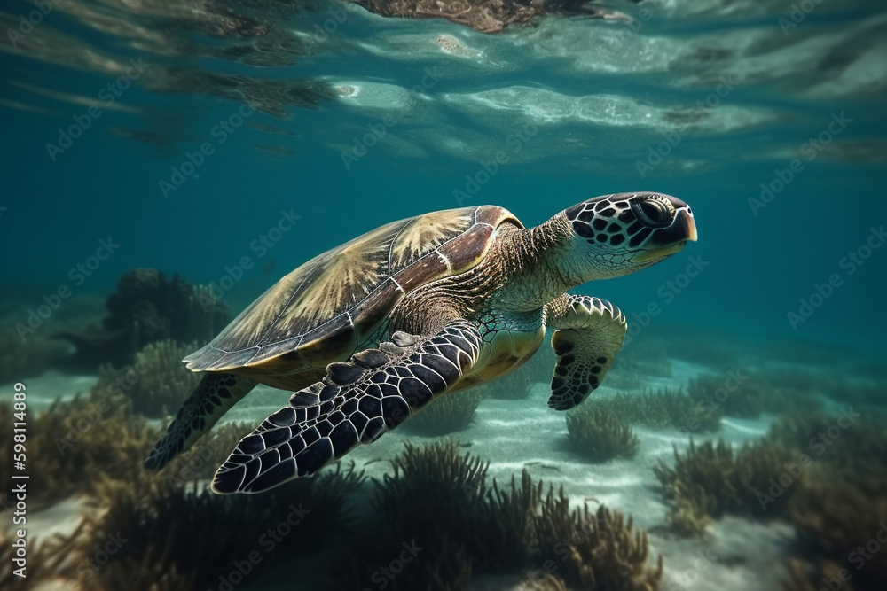 Fototapeta premium Hawksbill sea turtle swimming above the coral reef. generative ai. High quality photo Generative AI