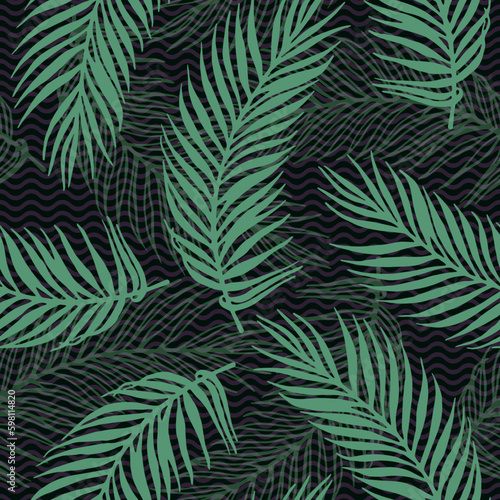 Seamless jungle palm leaves vector pattern. Floral elements over waves texture
