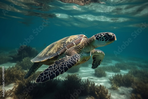 Hawksbill sea turtle swimming above the coral reef. generative ai. High quality photo Generative AI © Starmarpro