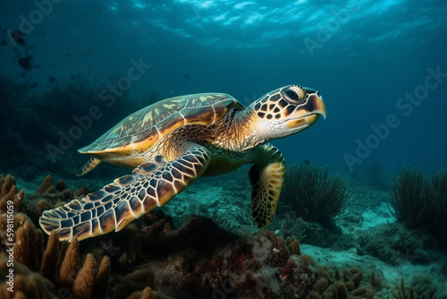 Hawksbill sea turtle swimming above the coral reef. generative ai. High quality photo Generative AI