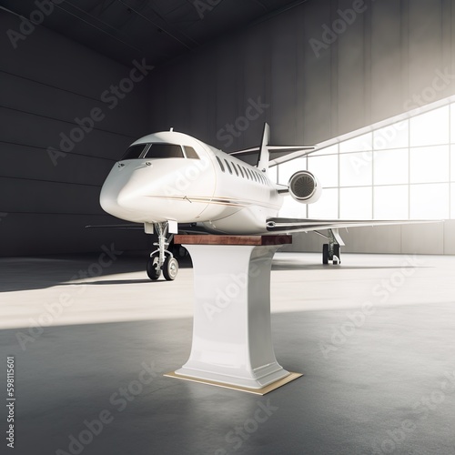 Private jet in hanger, beam of light detail. Pedestal in front.