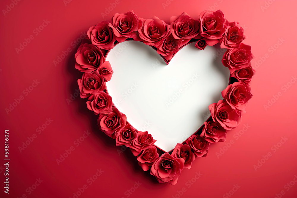 Heart - shaped empty frame and red roses with blank copy space for text on red background.
