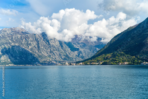 View of the Bay of Kotor, mountains, sky in the clouds
