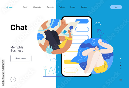 Memphis business illustration. Chat -modern flat vector concept illustration of people chatting in a phone messenger app, conversation, relations. Commerce business sales metaphor.