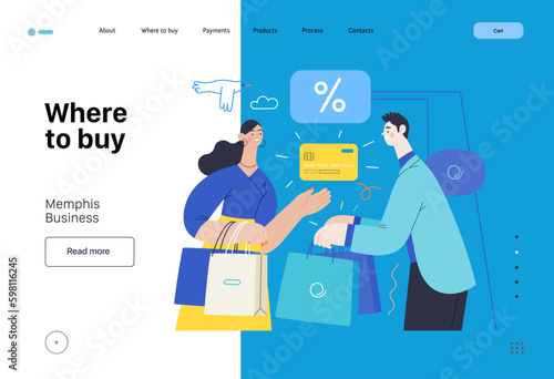 Memphis business illustration. Where to buy -modern flat vector concept illustration of a woman paying with her credit card for purchase to a consultant in a shop. Commerce business sales metaphor.
