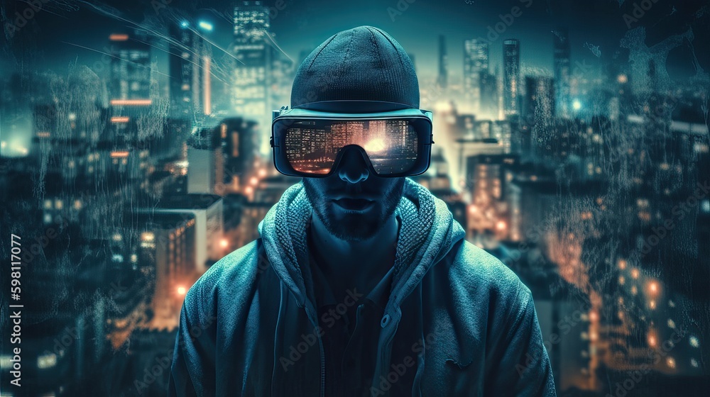 A guy in sunglasses against the background of a night metropolis, generative AI. A guy in sunglasses against the background of a night metropolis, generative AI.
