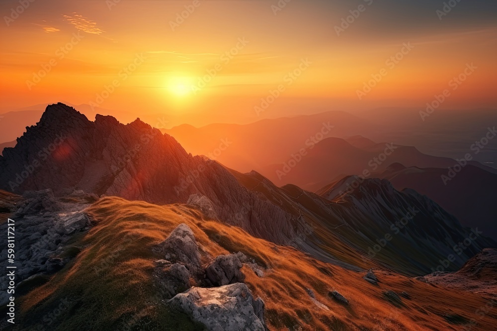 From the Edge of the World - Sunrise in Nature's Cloudscape of Orange Mountains: Generative AI