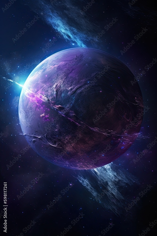 Purple Planet in a Fantasy Galaxy: A Fiction Universe with a Glowing Atmosphere and Abstract Sphere, Generative AI