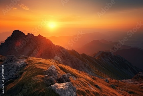 From the Edge of the World - Sunrise in Nature's Cloudscape of Orange Mountains: Generative AI