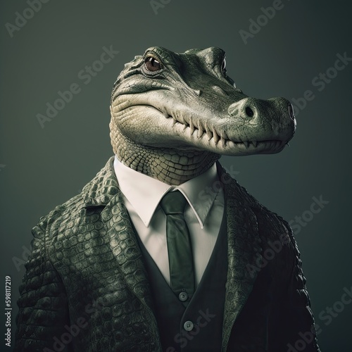 Generative Corporate Alligator  Green Reptile in a Business Suit and Tie Attaching a Portrait Look  Generative AI