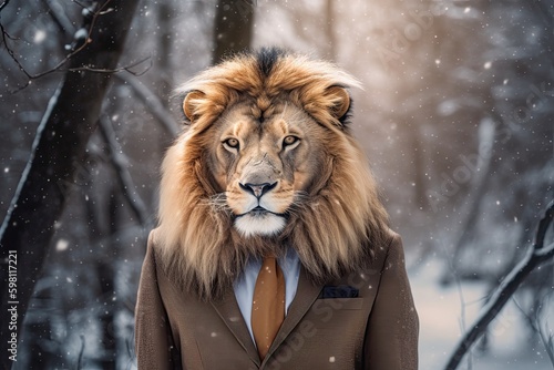 Generative Majesty  A Lion King in Suit   Tie amidst Snowy Surroundings  Generative AI