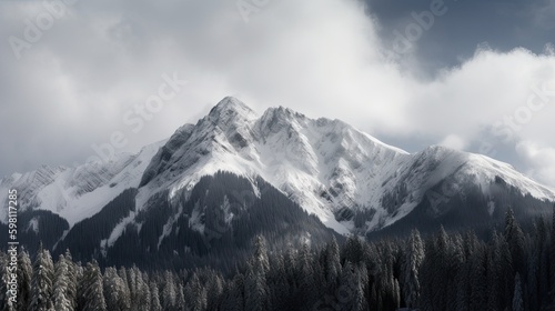 Snowy Peaks of a Winter Wonderland: Panoramic Mountain Range in Nature's Cold Embrace. Generative AI